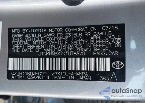 2019 Toyota C-Hr Le from USA, damaged, VIN JTNKHMBX7K1018670